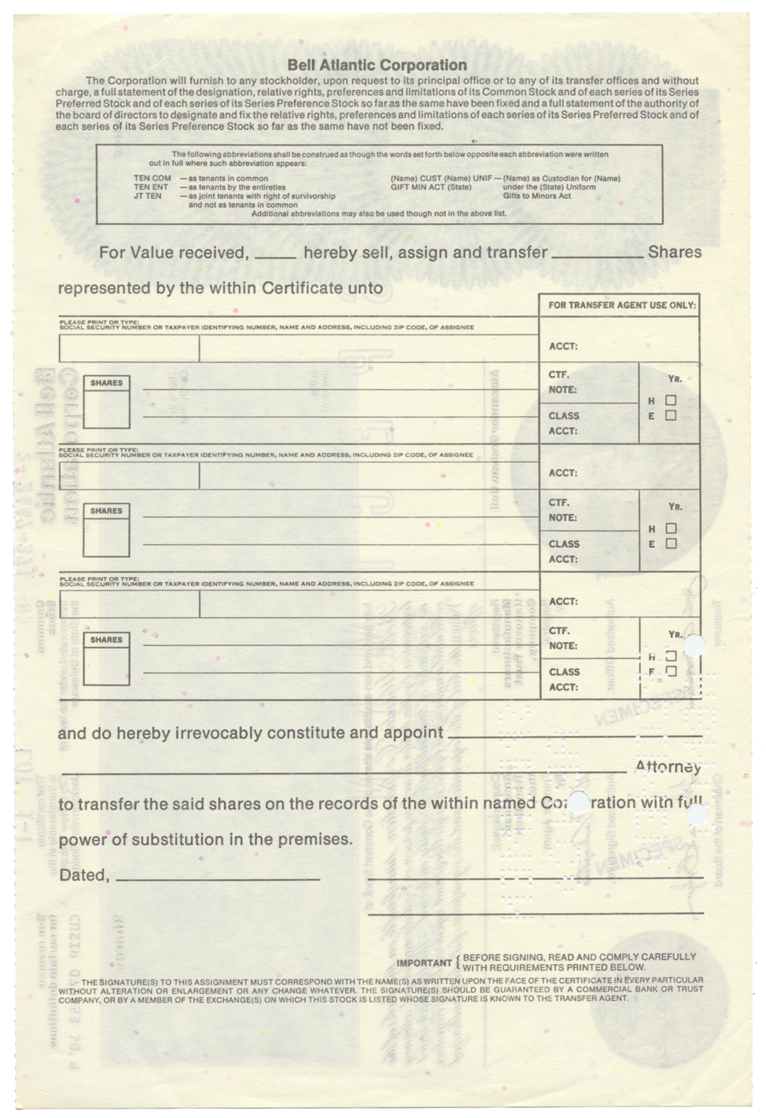 Bell Atlantic Corporation Specimen Stock Certificate