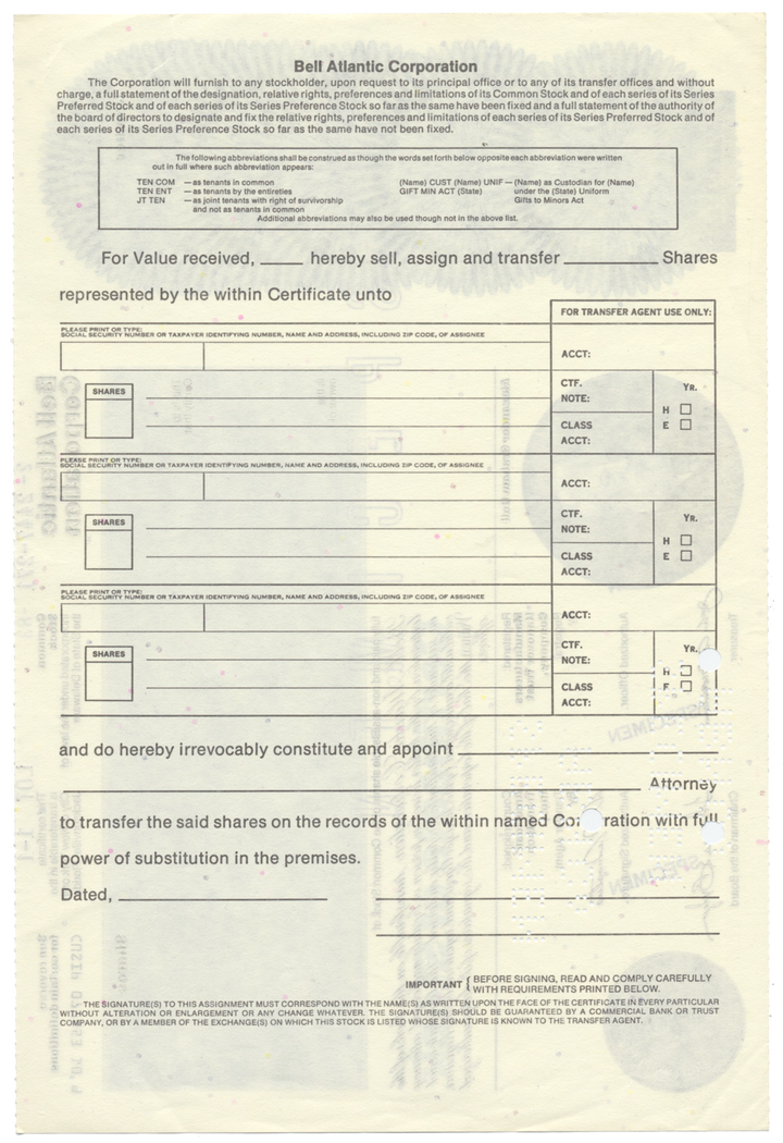 Bell Atlantic Corporation Specimen Stock Certificate