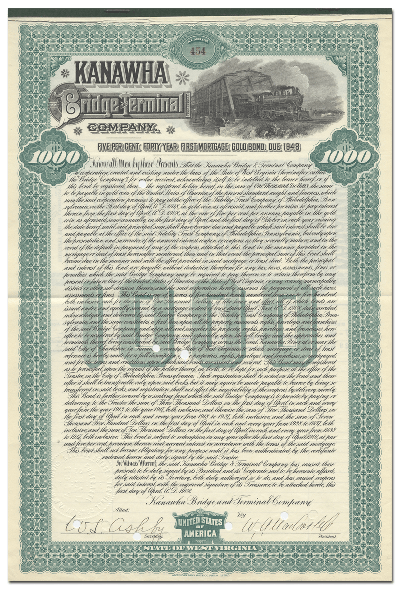 Kanawha Bridge and Terminal Company Bond Certificate