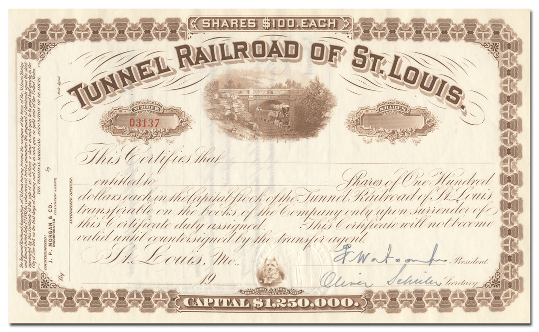 Tunnel Railroad of St. Louis Stock Certificate