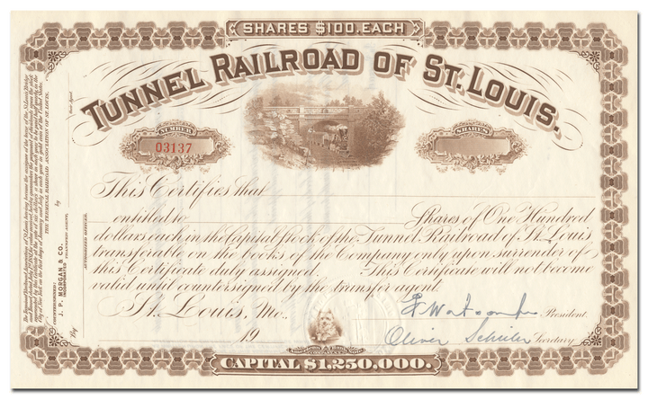 Tunnel Railroad of St. Louis Stock Certificate