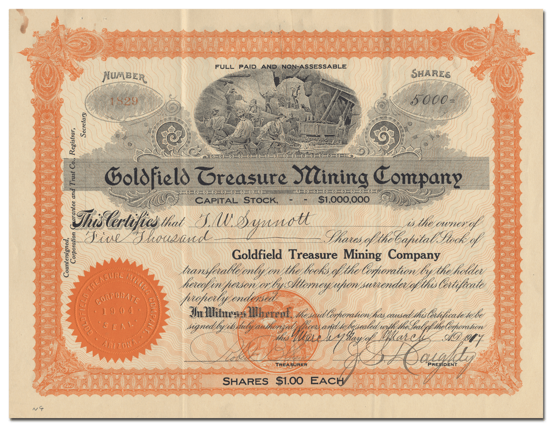 Goldfield Treasure Mining Company Stock Certificate