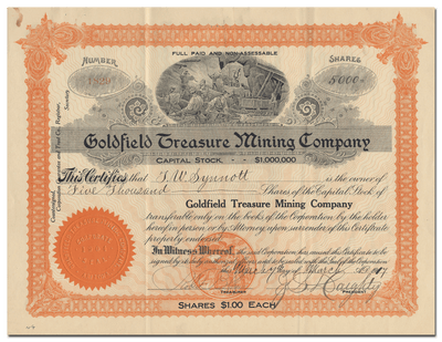 Goldfield Treasure Mining Company Stock Certificate