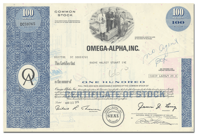 Omega-Alpha, Inc. Stock Certificate