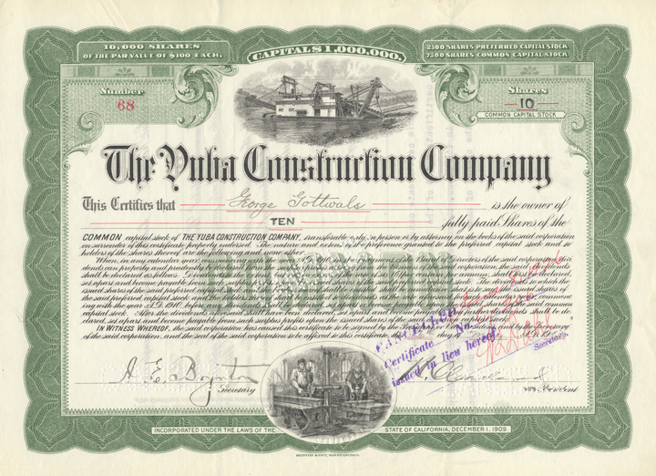 Yuba Construction Company Stock Certificate