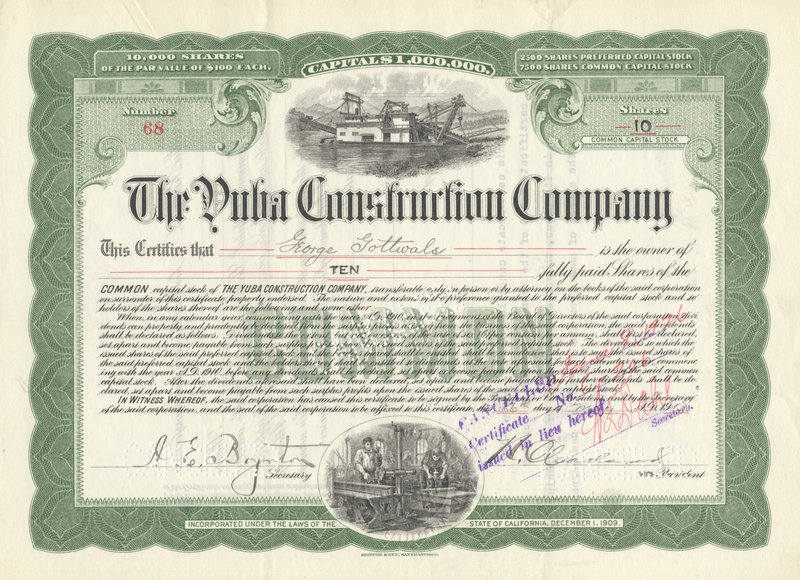 Yuba Construction Company Stock Certificate