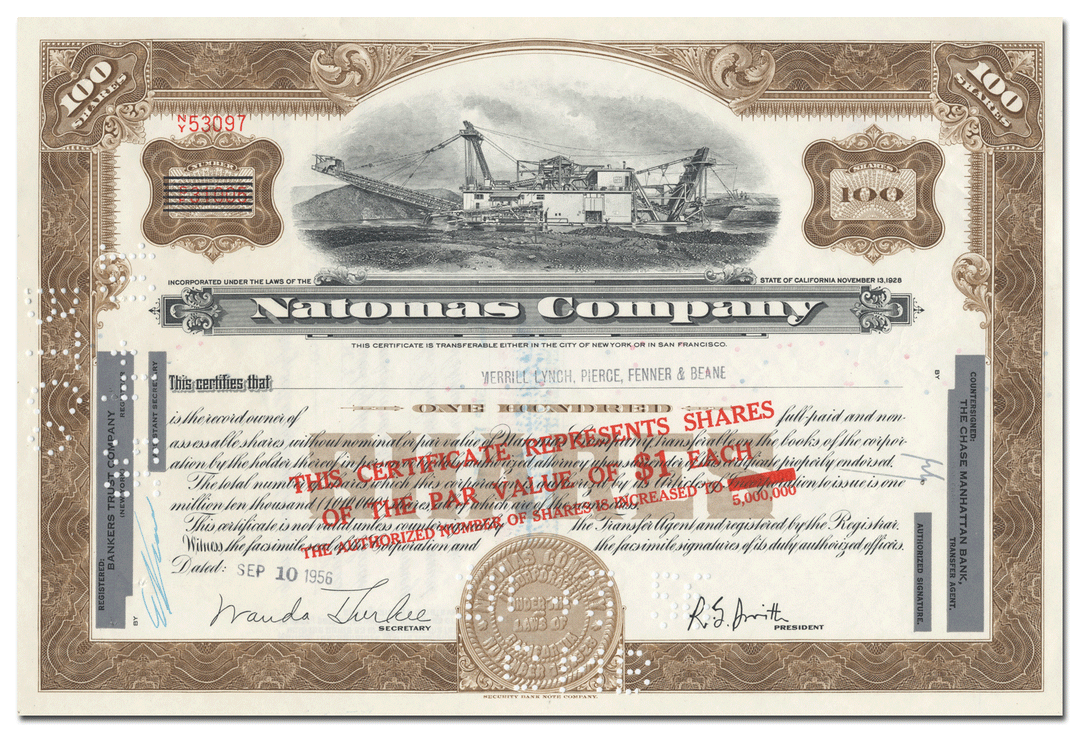 Natomas Company Stock Certificate