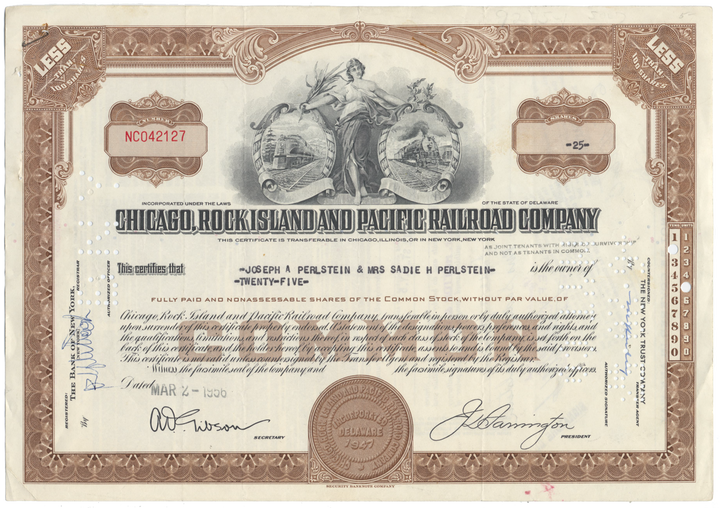 Chicago, Rock Island and Pacific Railroad Company Stock Certificate