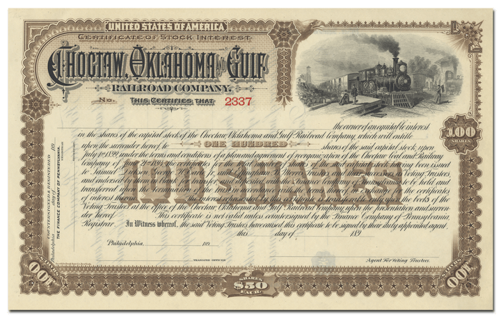 Choctaw, Oklahoma and Gulf Railroad Company Stock Certificate