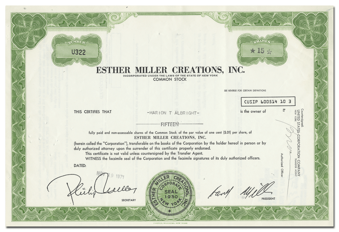 Esther Miller Creations, Inc. Stock Certificate