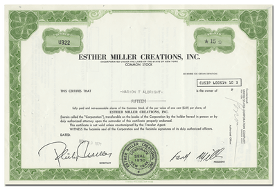 Esther Miller Creations, Inc. Stock Certificate