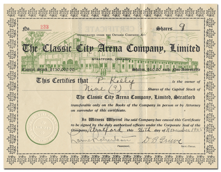 Classic City Arena Company, Limited Stock Certificate