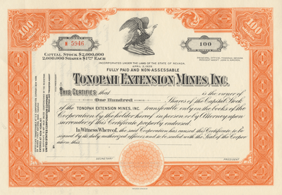 Tonopah Extension Mines, Inc. Stock Certificate