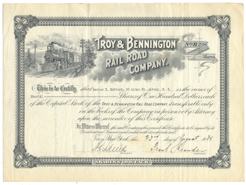 Troy & Bennington Rail Road Company Stock Certificate