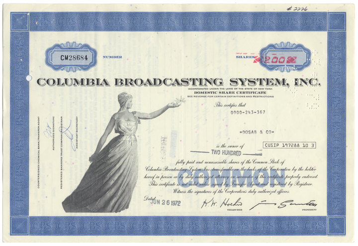 Columbia Broadcasting System, Inc. Stock Certificate