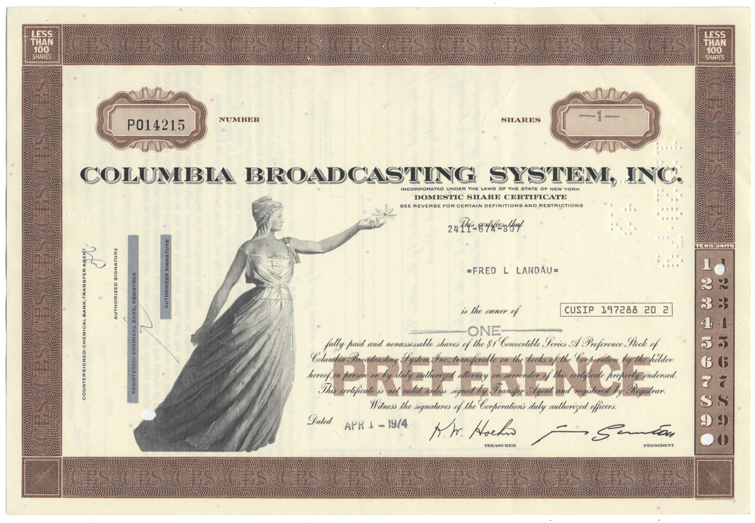 Columbia Broadcasting System, Inc. Stock Certificate