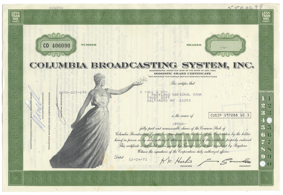 Columbia Broadcasting System, Inc. Stock Certificate