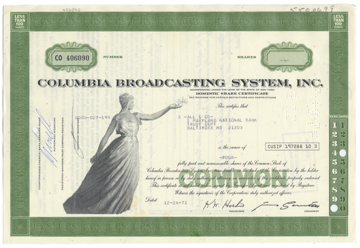 Columbia Broadcasting System, Inc. Stock Certificate