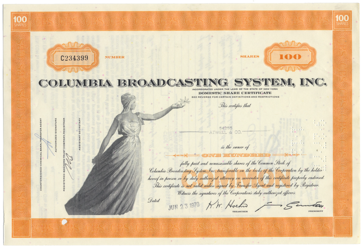 Columbia Broadcasting System, Inc. Stock Certificate