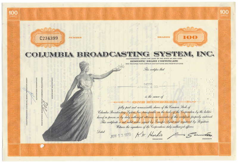 Columbia Broadcasting System, Inc. Stock Certificate