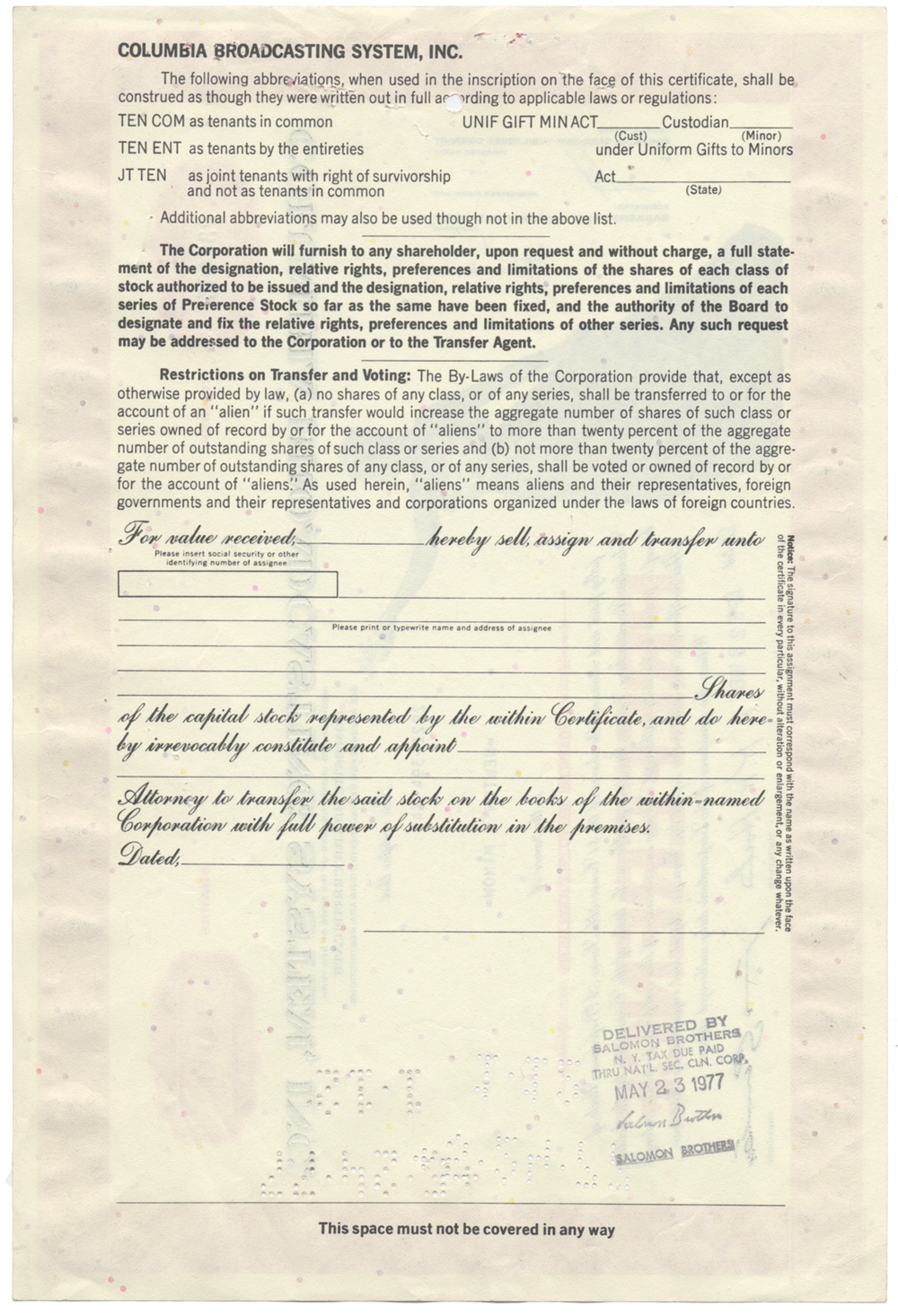 Columbia Broadcasting System, Inc. Stock Certificate