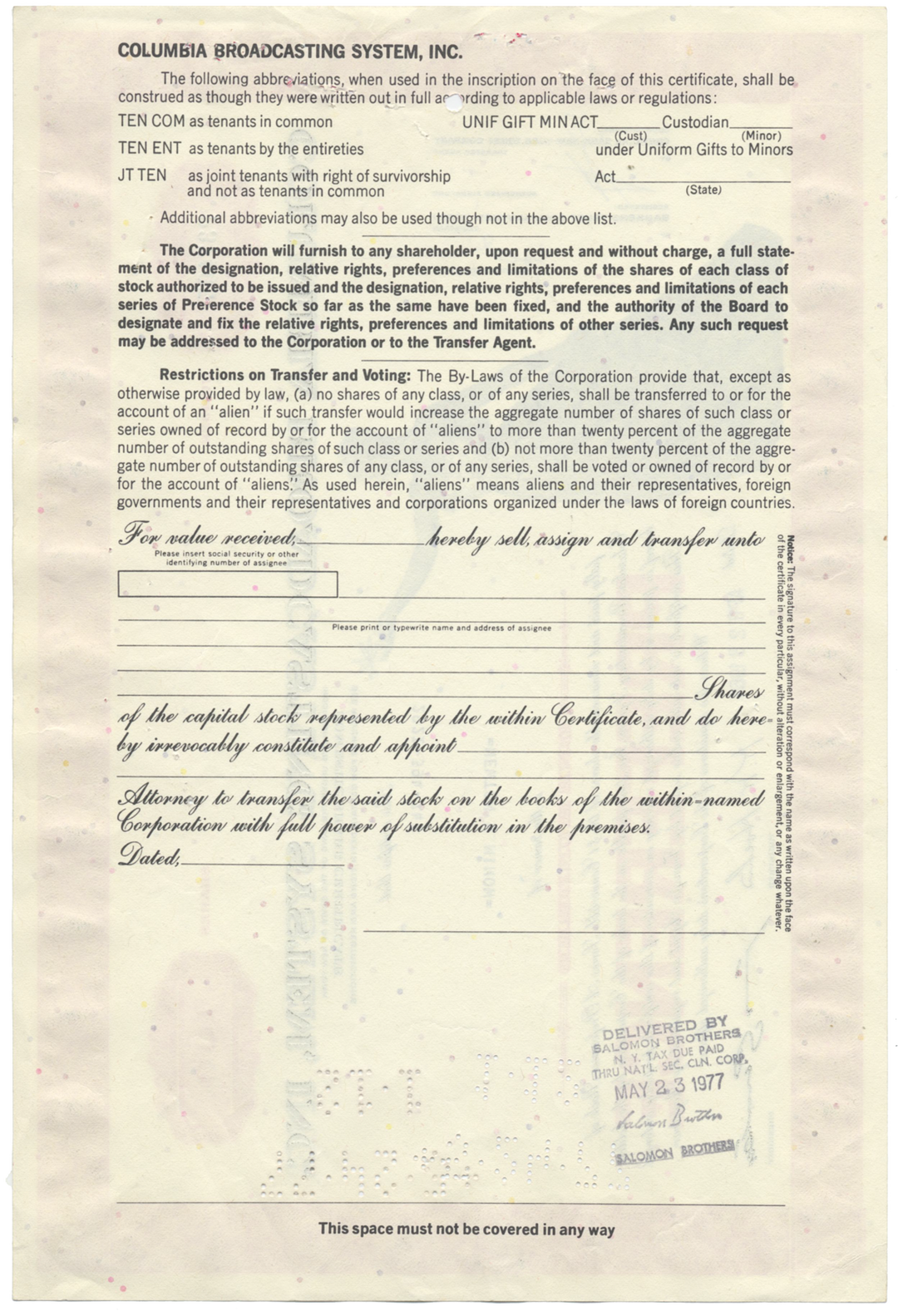 Columbia Broadcasting System, Inc. Stock Certificate