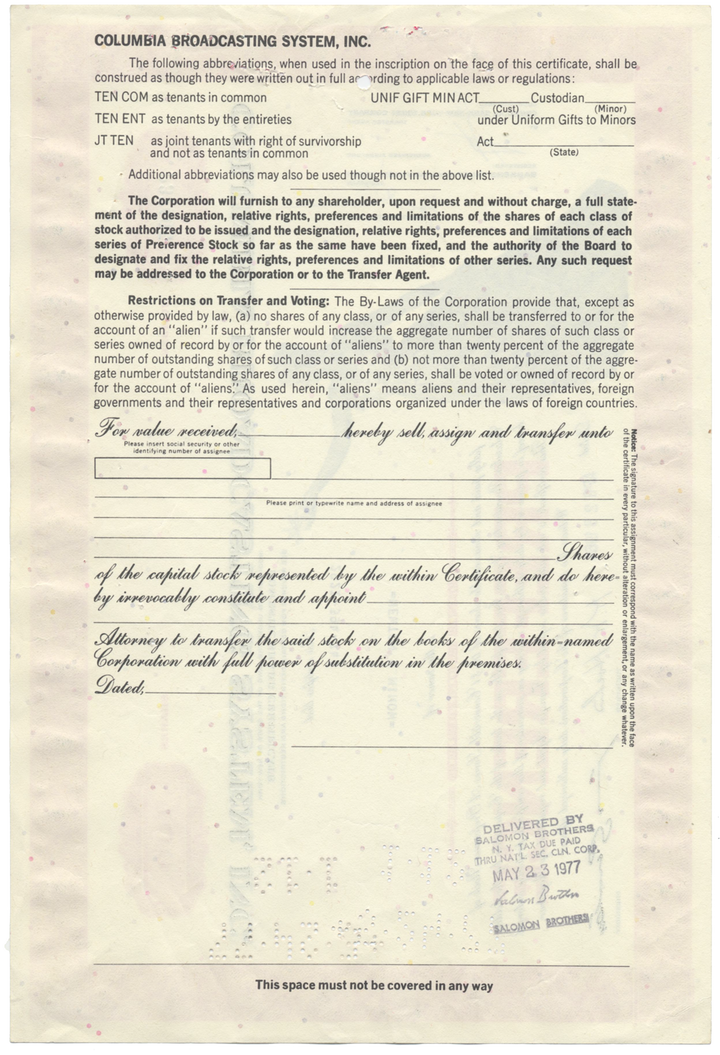 Columbia Broadcasting System, Inc. Stock Certificate