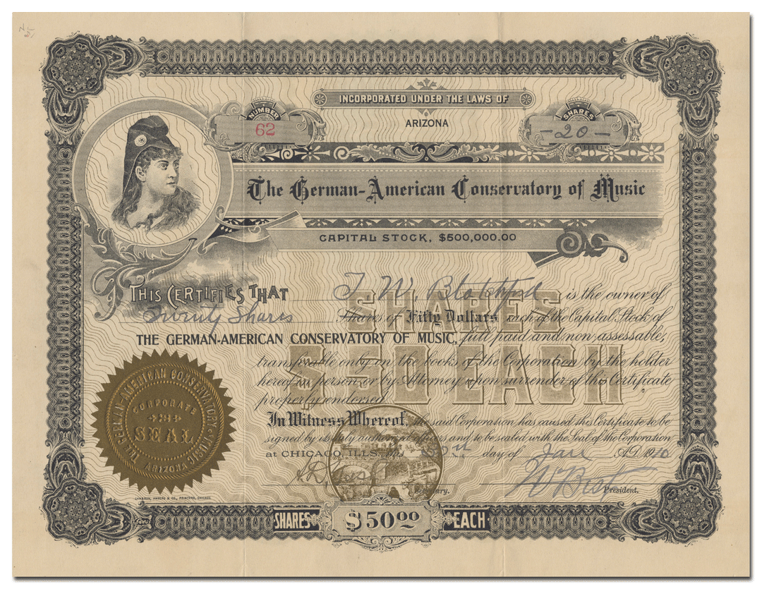 German-American Conservatory Stock Certificate