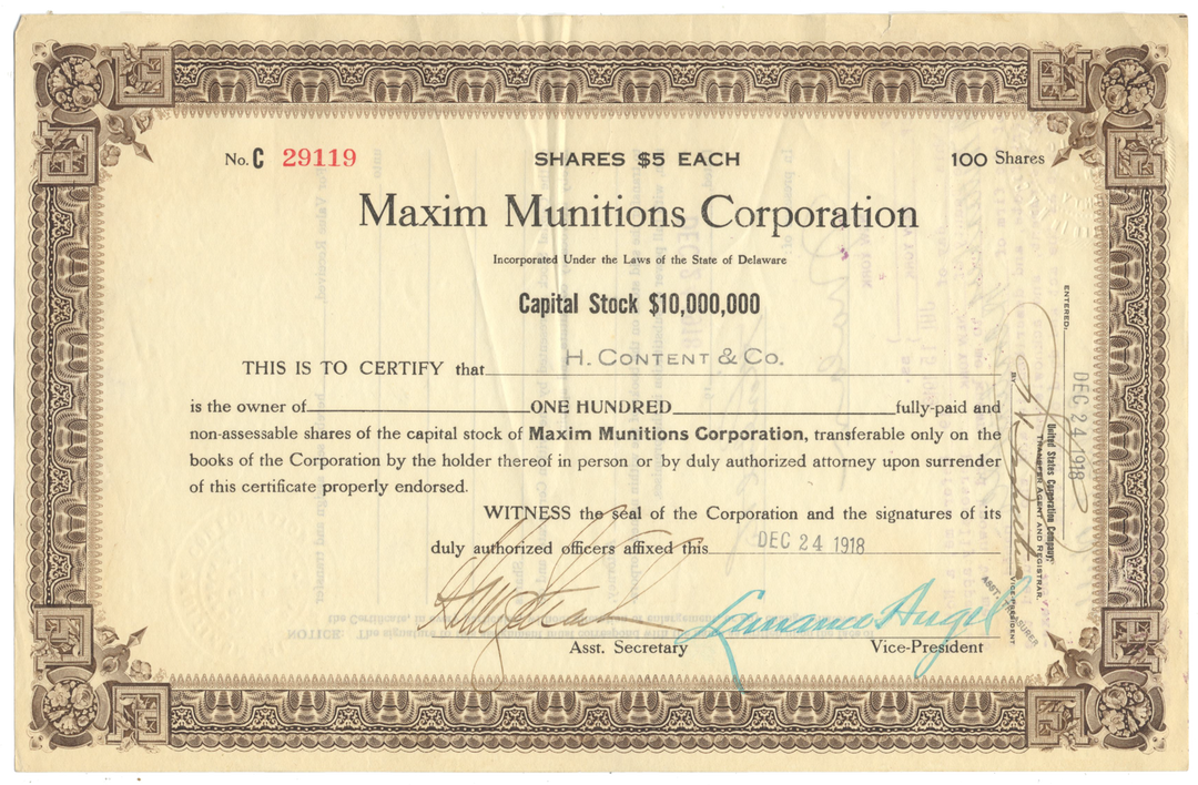 Maxim Munitions Corporation Stock Certificate