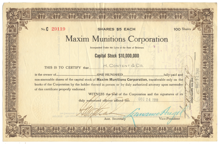 Maxim Munitions Corporation Stock Certificate