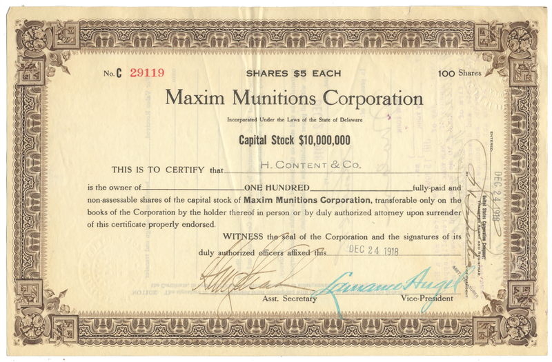 Maxim Munitions Corporation Stock Certificate