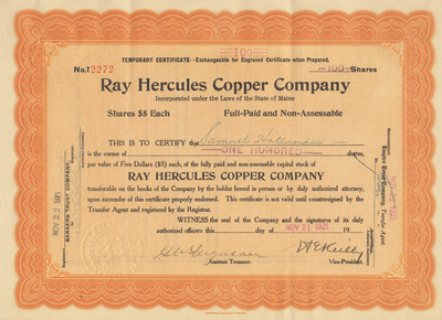 Ray Hercules Copper Company Stock Certificate
