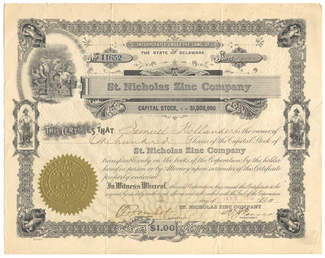 St. Nicholas Zinc Company Stock Certificate