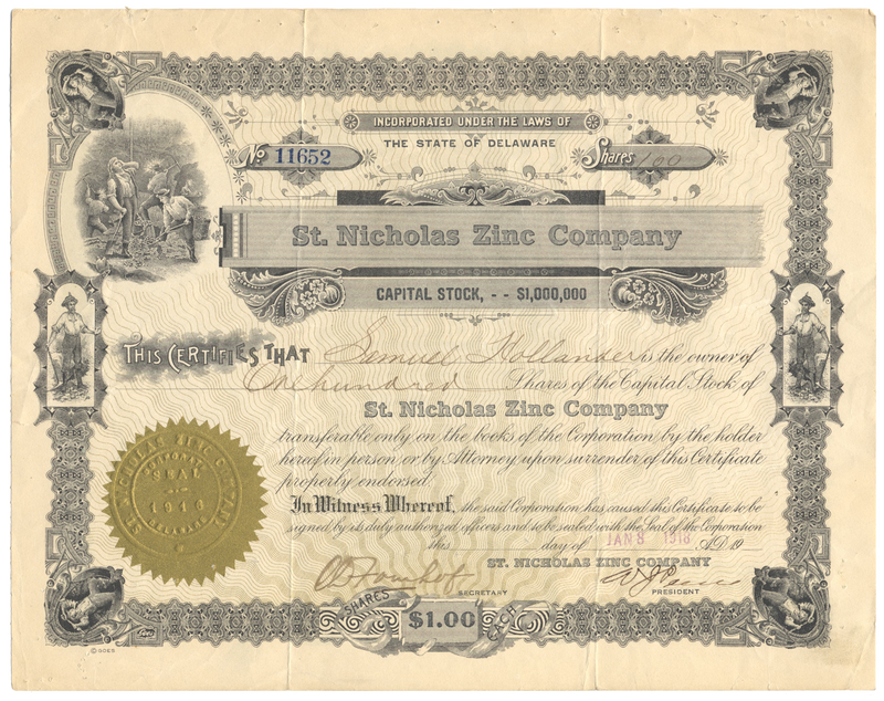 St. Nicholas Zinc Company Stock Certificate