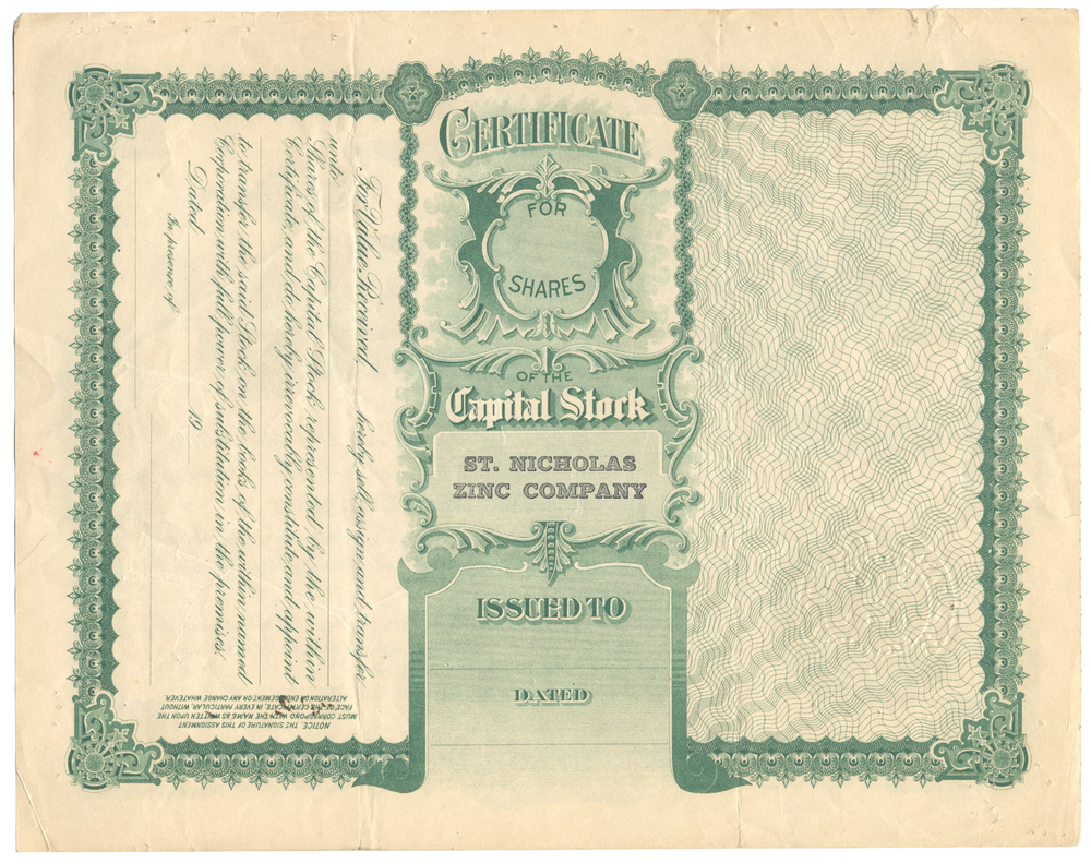 St. Nicholas Zinc Company Stock Certificate