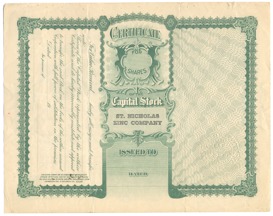 St. Nicholas Zinc Company Stock Certificate