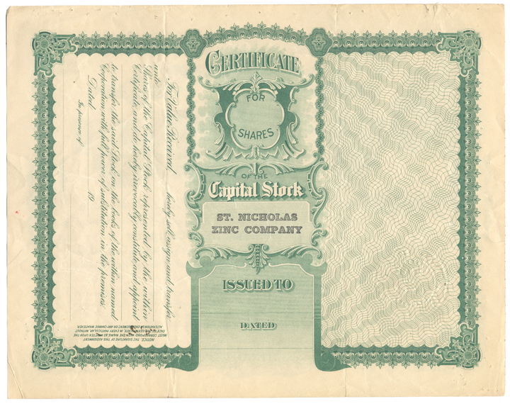 St. Nicholas Zinc Company Stock Certificate