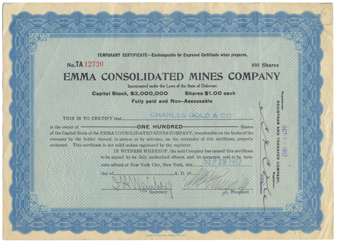 Emma Consolidated Mines Company Stock Certificate