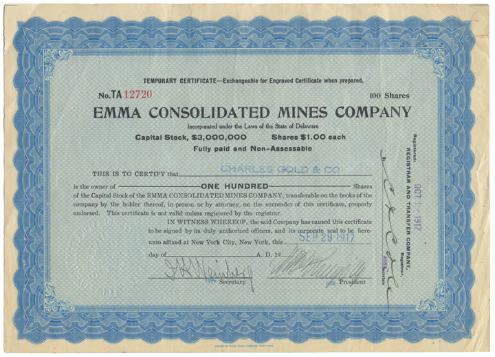 Emma Consolidated Mines Company Stock Certificate