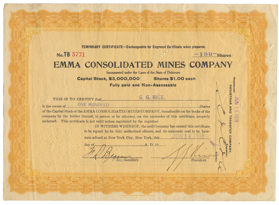 Emma Consolidated Mines Company Stock Certificate Signed by Con Man George Graham Rice