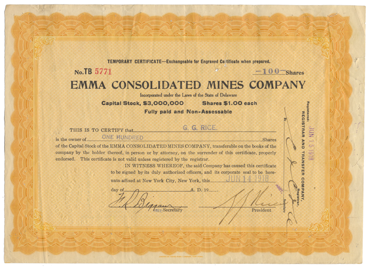 Emma Consolidated Mines Company Stock Certificate Signed by Con Man George Graham Rice