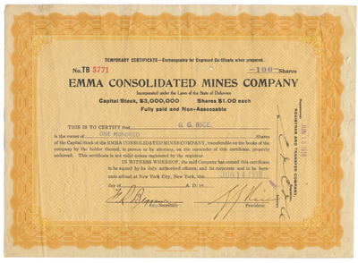 Emma Consolidated Mines Company Stock Certificate Signed by Con Man George Graham Rice