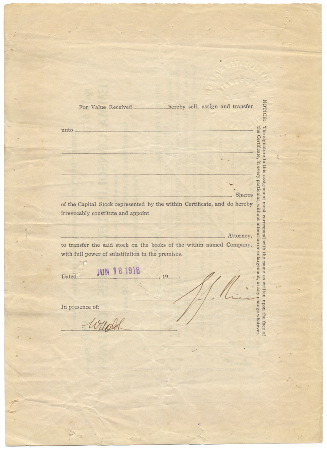 Emma Consolidated Mines Company Stock Certificate Signed by Con Man George Graham Rice