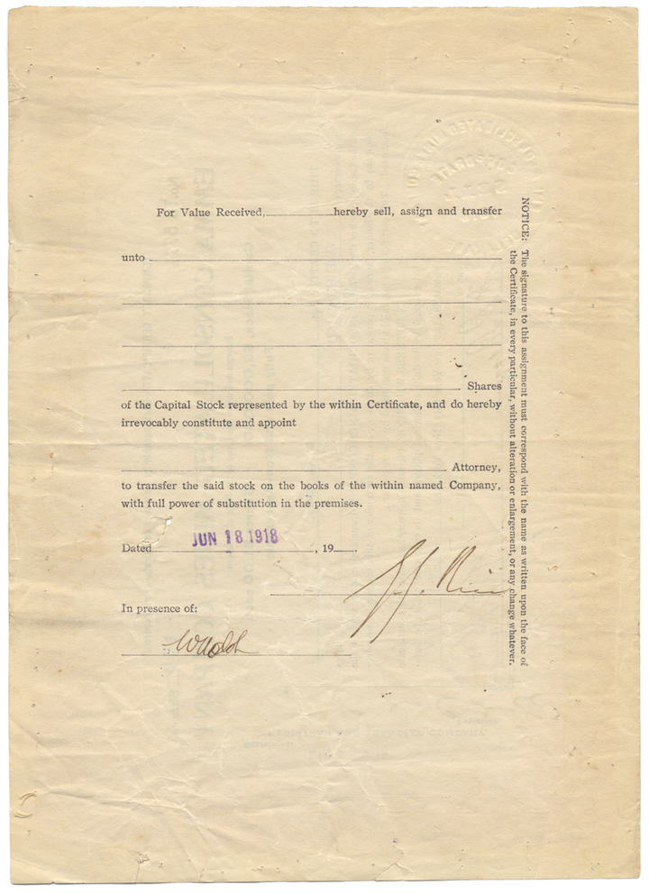 Emma Consolidated Mines Company Stock Certificate Signed by Con Man George Graham Rice