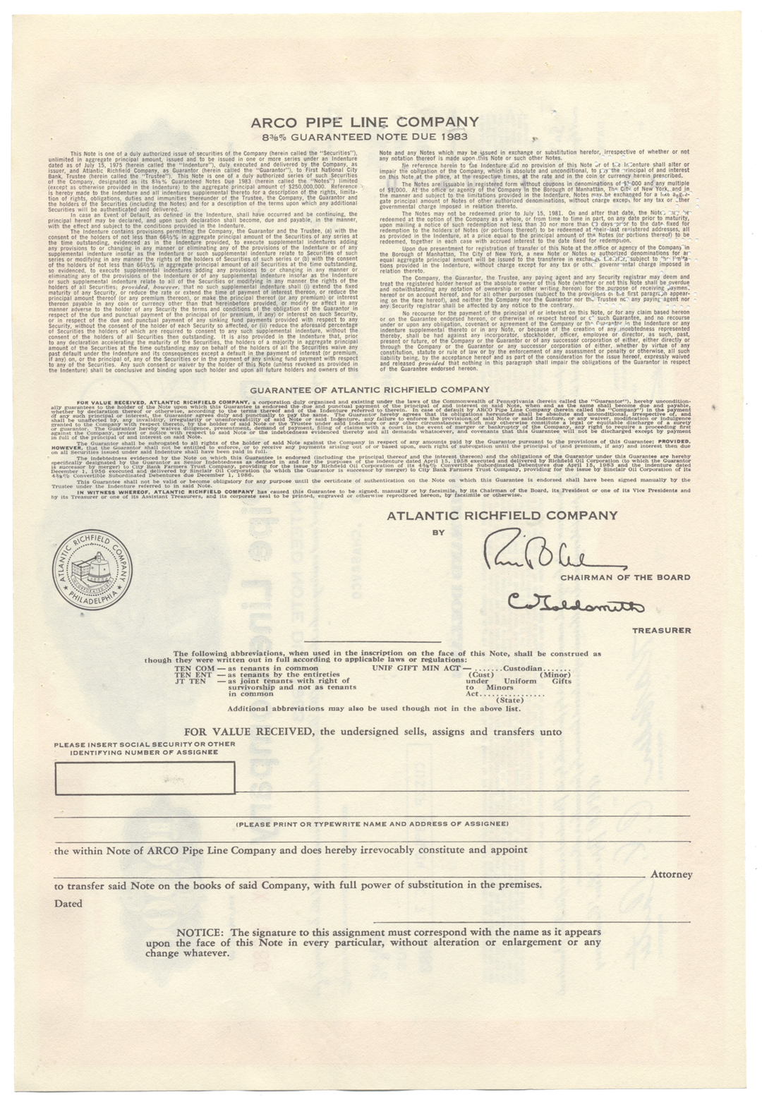 ARCO Pipe Line Company Bond Certificate