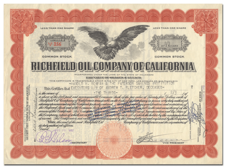 Richfield Oil Company of California Stock Certificate