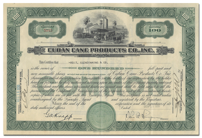 Cuban Cane Products Co., Inc. Stock Certificate