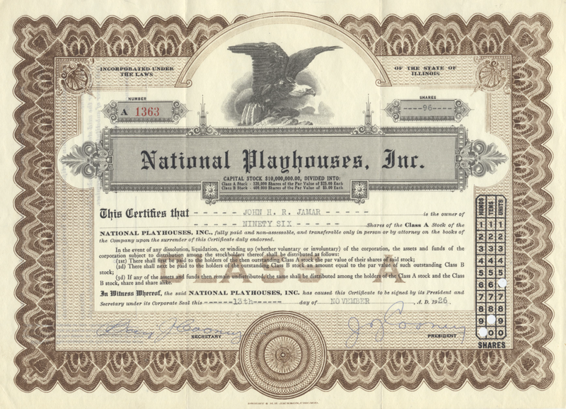 National Playhouses, Inc. Stock Certificate