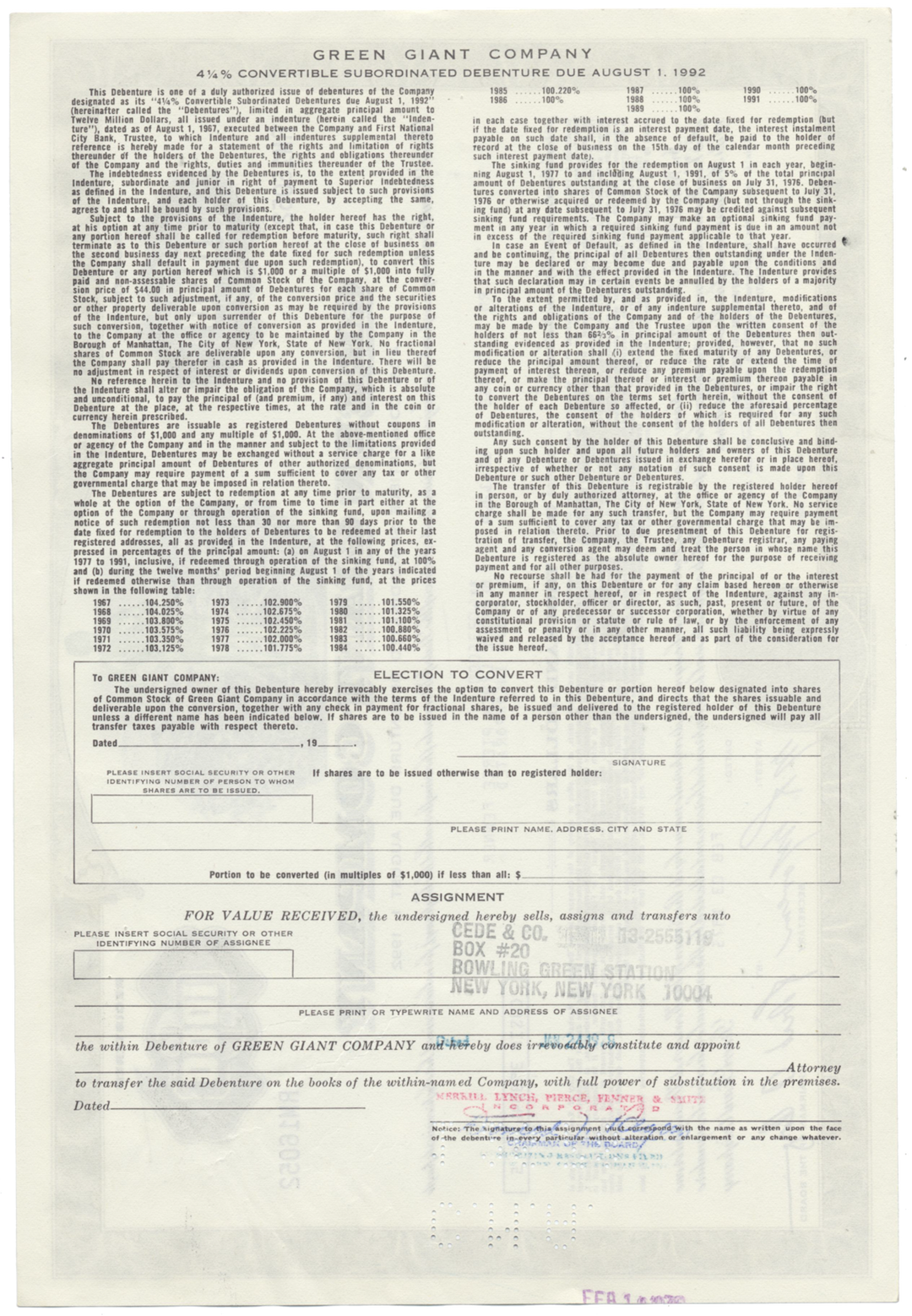 Green Giant Company Bond Certificate