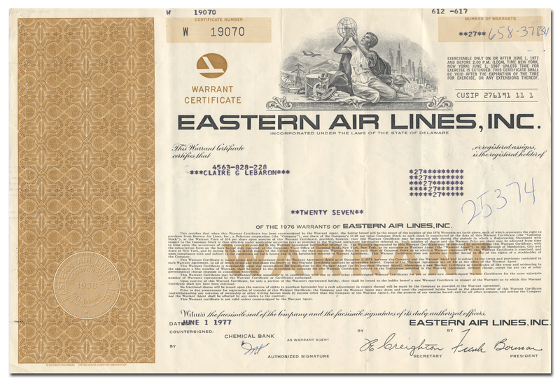 Eastern Air Lines, Inc. Stock Certificate
